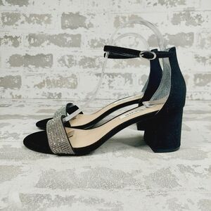 New Nina Elenora Black Crystal Rhinestone Ankle Strap Block Heel Sandals C969